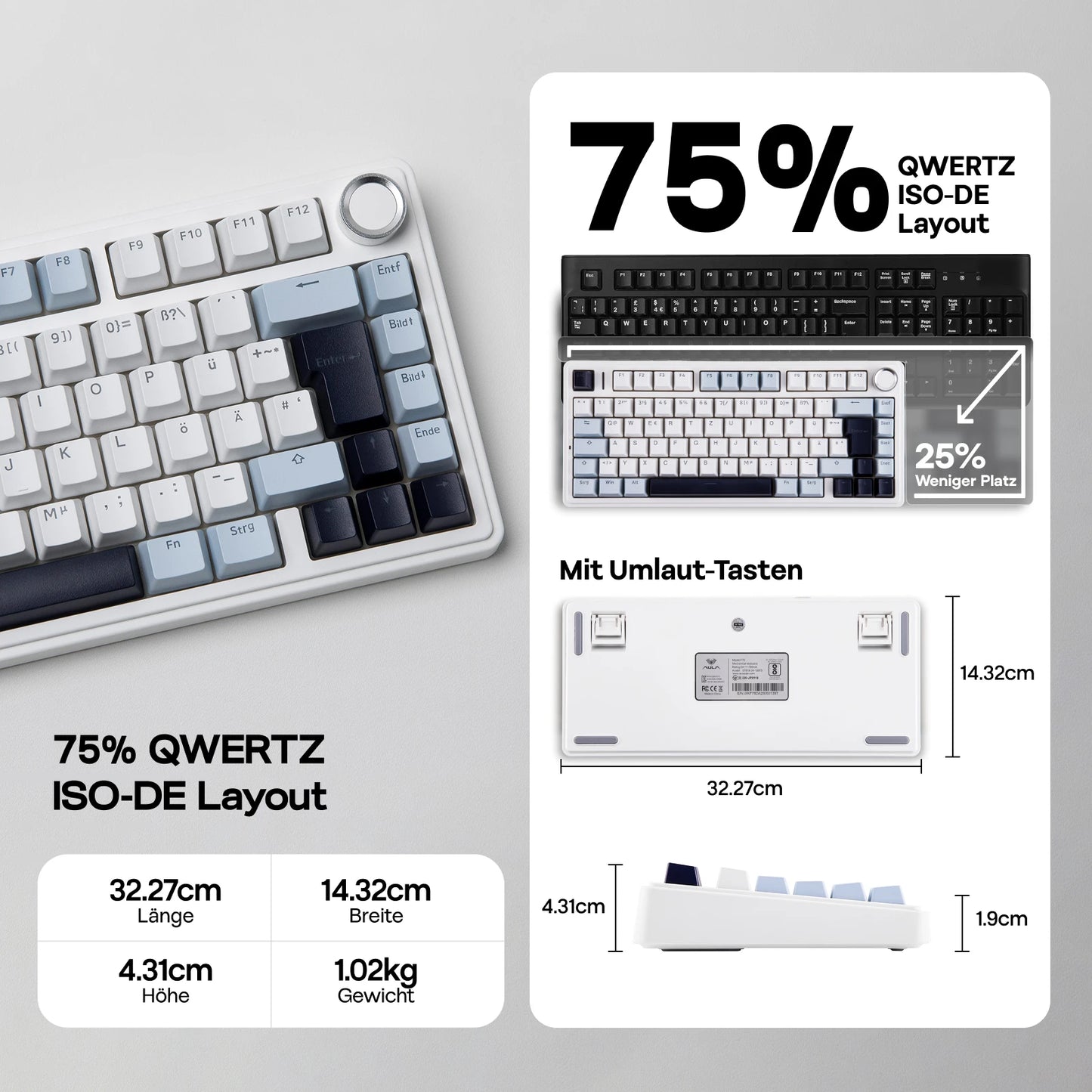 EPOMAKER x AULA F75 ISO-DE kabellose mechanische Tastatur mit Tri-Mode-Konnektivität, deutschem QWERTZ-Layout und 4000 mAh Akku