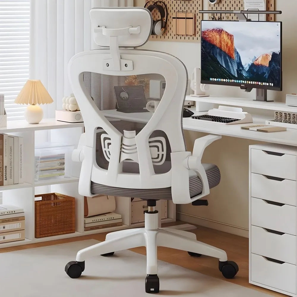 Fauteuil de salon ergonomique inclinable à dossier haut en maille, fauteuil de jeu à bascule, fauteuil de bureau pivotant et roulant avec coussin de soutien lombaire