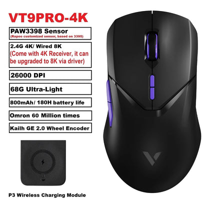 Mouse da gaming wireless Rapoo VT9PRO PAW3398 68g cablato programmabile ergonomico 26000DPI Type C ricaricabile accessorio per PC gamer