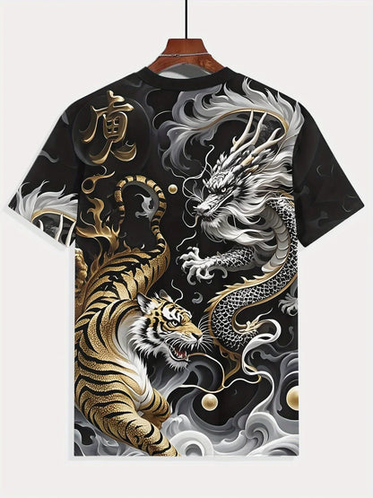 Herren-Sommer-T-Shirt mit Grafikprint, Drachen- & Tigerduell-Design, lässiges Kurzarm-T-Shirt, Mode 2025, lässiges O-Neck-Shirt
