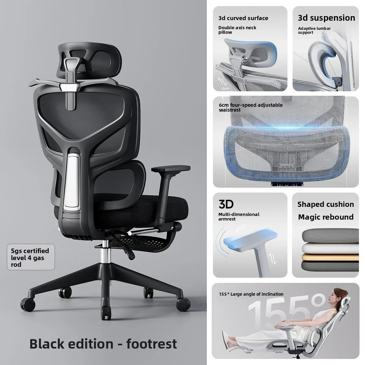 Cadeira de Escritório Ergonómica Ajustável em Malha, Cadeira de Secretária para Computador com Encosto Alto Respirável, Apoio Lombar 6D e Apoio para Pés Retrátil