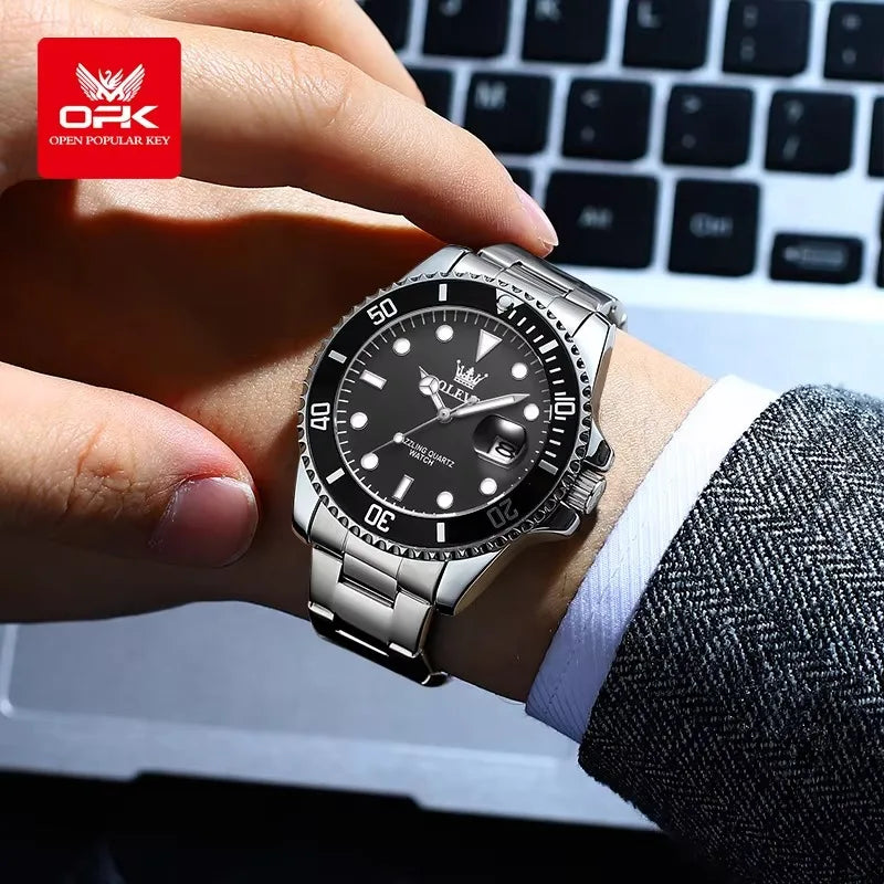 Montre pour homme OLEVS 5885 – Modèle authentique, bracelet en acier, calendrier, mouvement à quartz, livrée dans un coffret cadeau de luxe