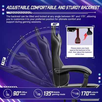 AUTHMIC Ergonomic Gaming Chair with 170° Reclining Backrest, Footrest, Adjustable Armrests, Breathable Fabric, Premium Gamer Chair