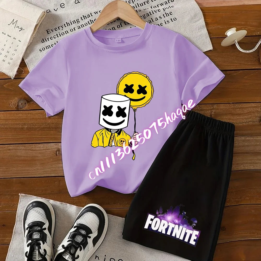 Completo estivo Fortnite con T-shirt e shorts per bambini e bambine, set 2 pezzi, abbigliamento bambino con top, T-shirt e pantaloncini, stampa Fortress Night, idea regalo