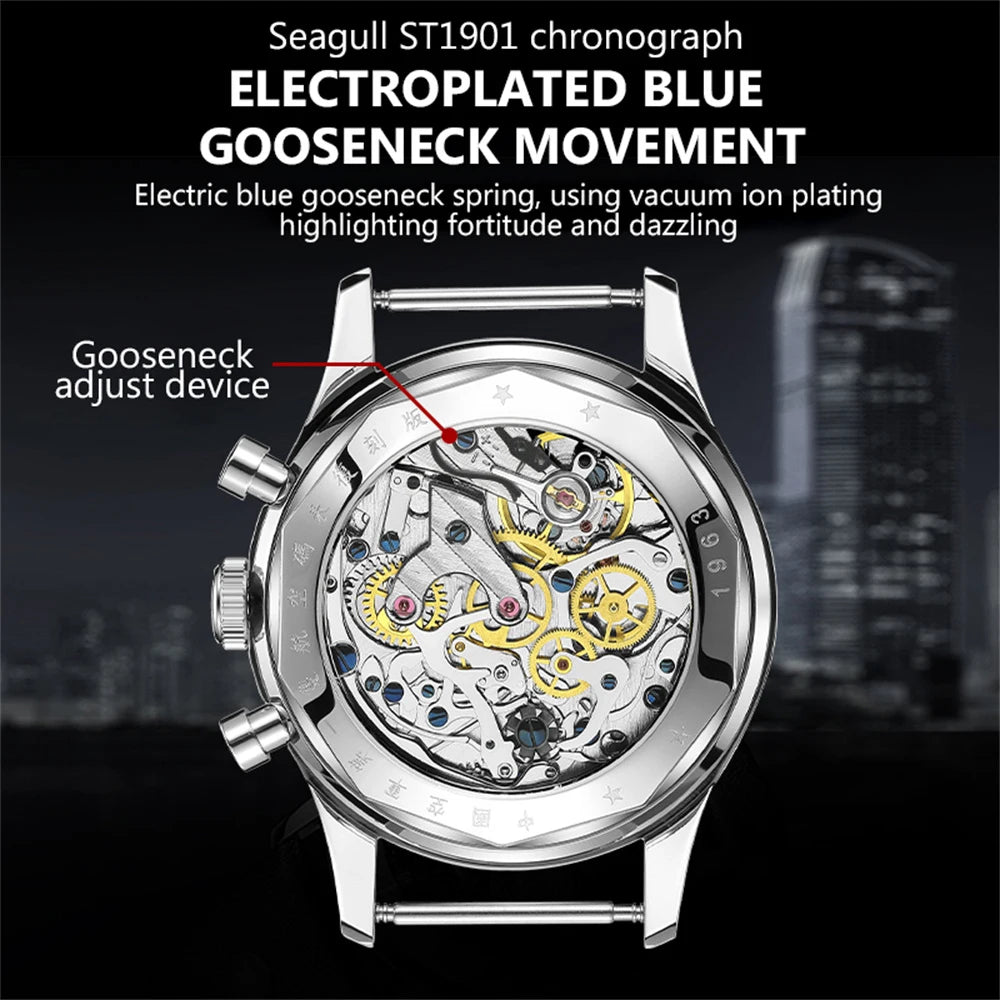 Red Star Panda Men's 1963 Chronograph Mechanical Wristwatch Seagull ST1901 Movement Gooseneck 40mm Luminous Sapphire Pilot Watch