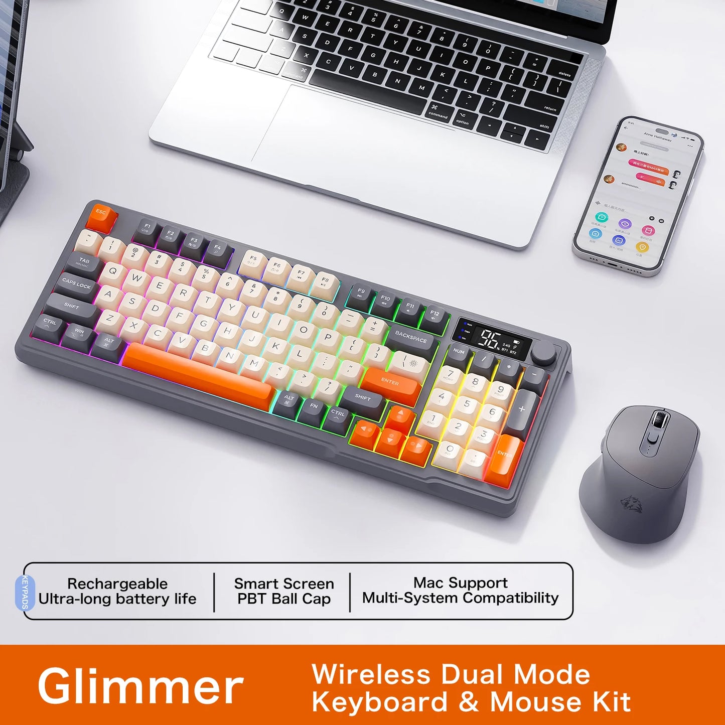 M96 Bluetooth-Tastatur Kabellose FREEWOLF Bildschirm-Gaming-Tastatur, elektronischer Bildschirm, Multi-Device-Verbindung, ergonomisches Gaming
