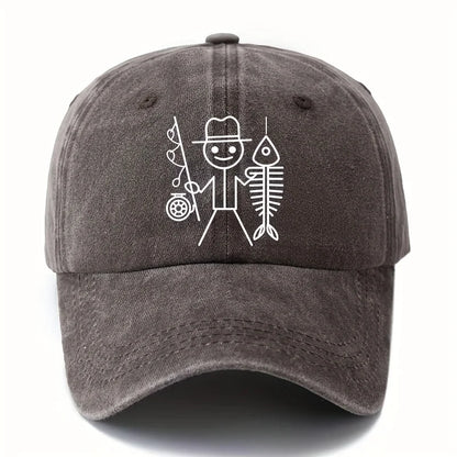 Printed cartoon man fishing baseball cap, outdoor curved brim cap, truck driver cap, vacation travel camping