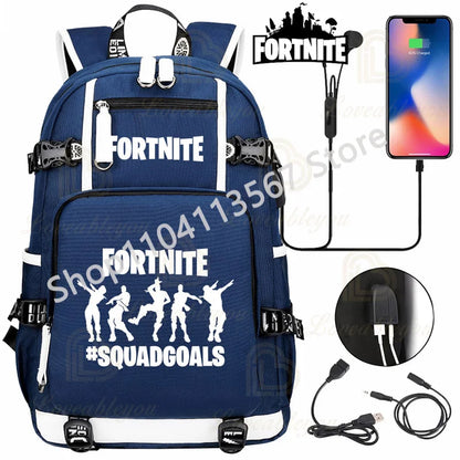 Mochila Yule Trooper F-Fortnited Battle Royale com carregamento USB, figuras anime e compartimento para material escolar para estudantes