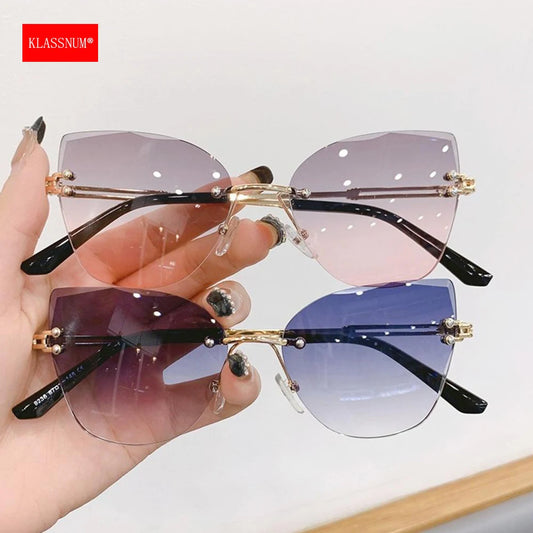 KLASSNUM Vintage Rimless Sunglasses Women Men Cat Eye Gradient Lens Sun Glasses UV400 Shades Protection Goggles for Party Xmas