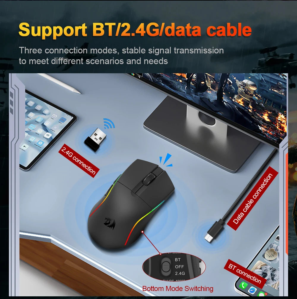 Ratón gaming REDRAGON DEICIDE M816 PRO RGB USB con soporte Bluetooth 2.4G inalámbrico, 26000 DPI, 6 botones para gamers, ratón con cable para ordenador