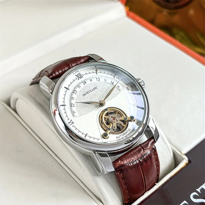 Automatisch mechanisch herenhorloge – Elegant opengewerkt ontwerp, trendy ‘business casual’-stijl, behuizing van legering en leren band, zonder batterij