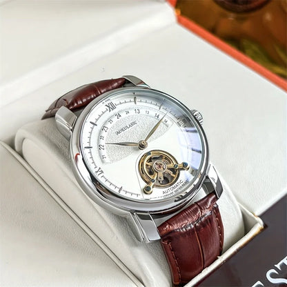 Automatisch mechanisch herenhorloge – Elegant opengewerkt ontwerp, trendy ‘business casual’-stijl, behuizing van legering en leren band, zonder batterij