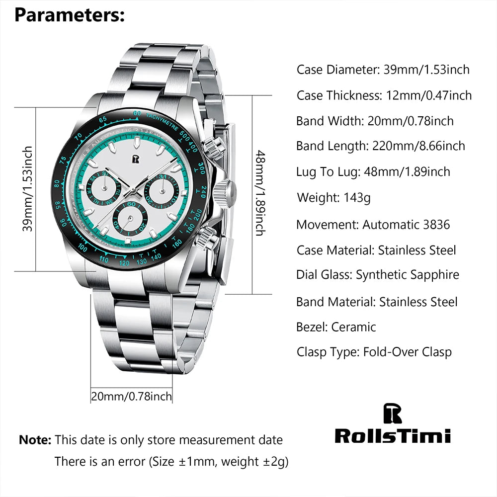 RollsTimi Men's Watches Top Luxury Sapphire Men's Mechanical Watches Calendar Week Stainless Steel Waterproof Men's Watches