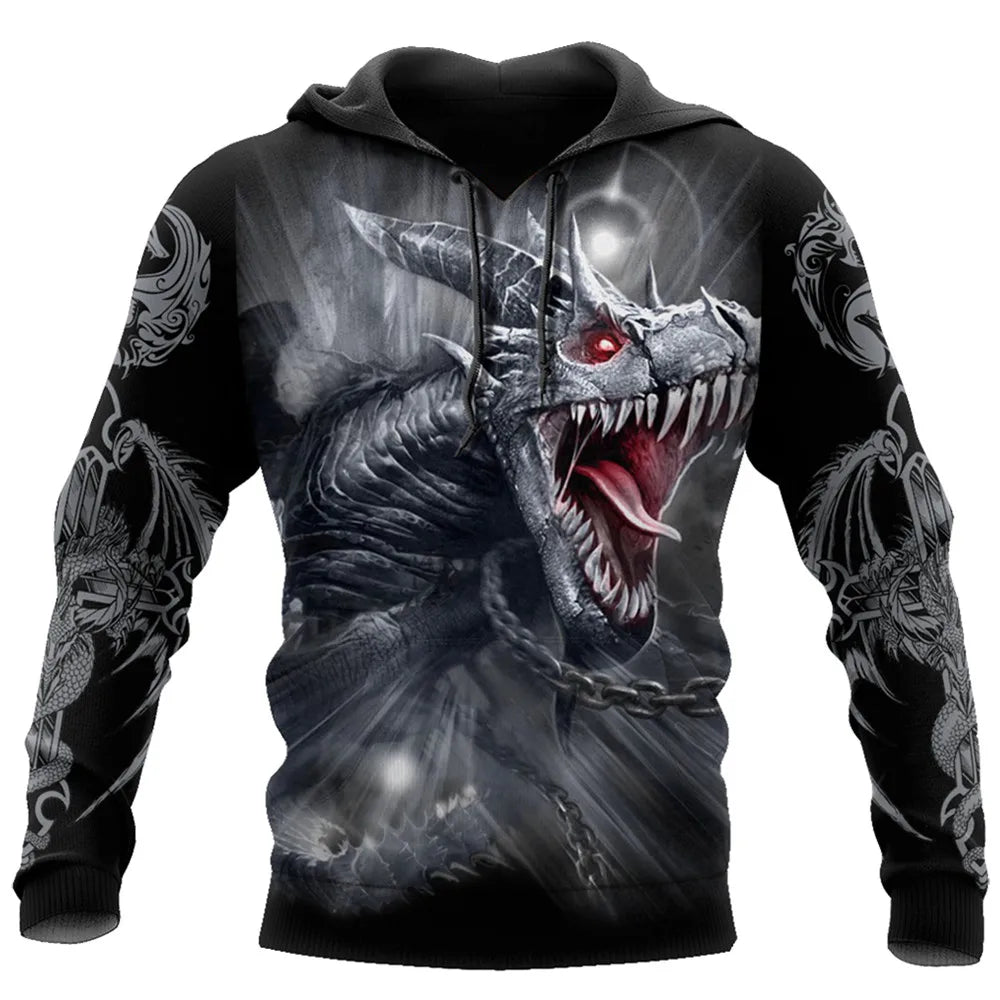 Sweatshirt com capuz para homem, unissexo, de manga comprida, outono/inverno, com estampado 3D de dragão e estilo tatuagem, pullover streetwear casual tipo fato de treino