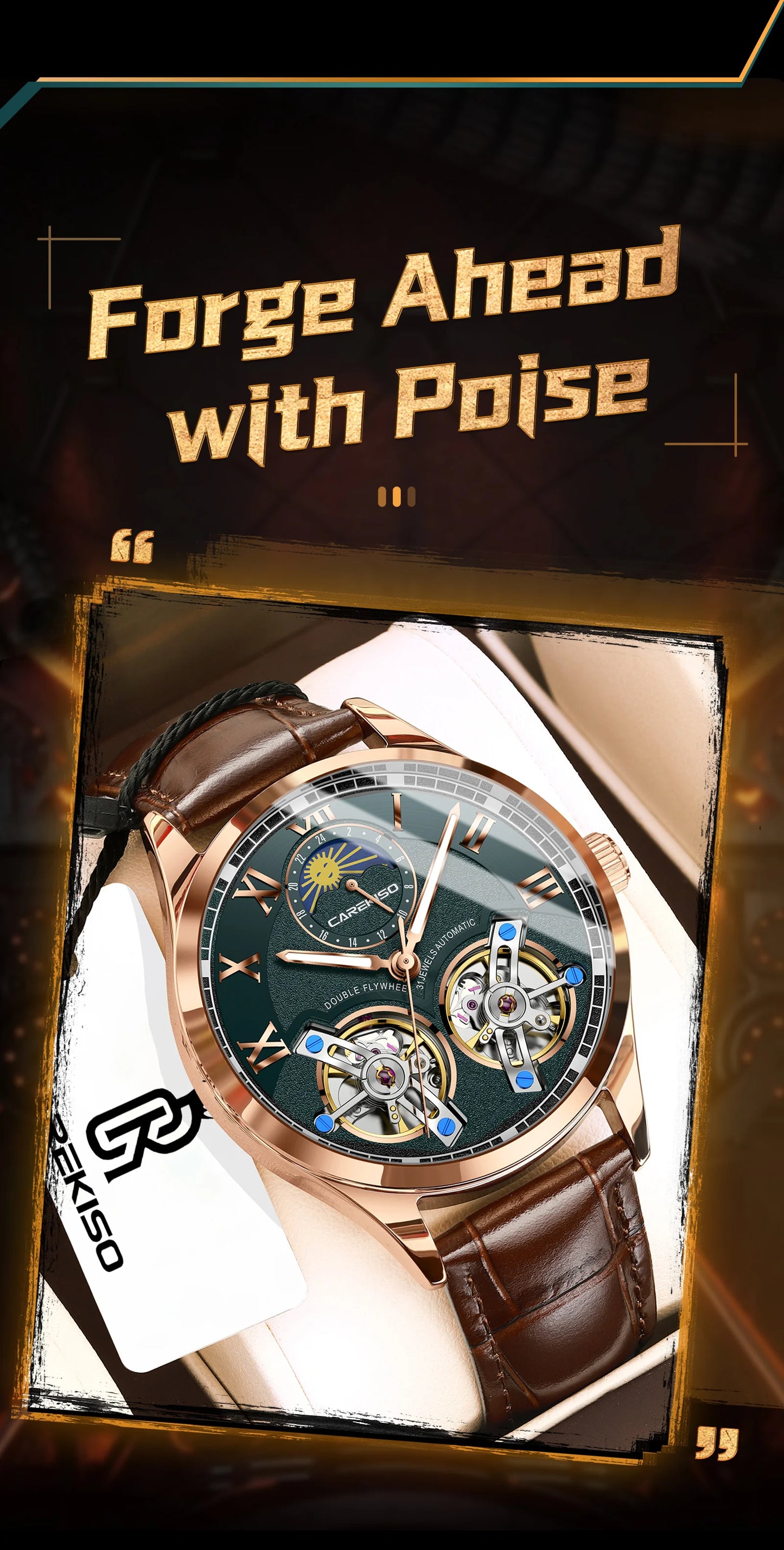 CAREKISO Fashion Men's Clock Double Hollow Tourbillon Automatic Mechanical Man Watch Waterproof Luminous Leather Men's Watches+Box
