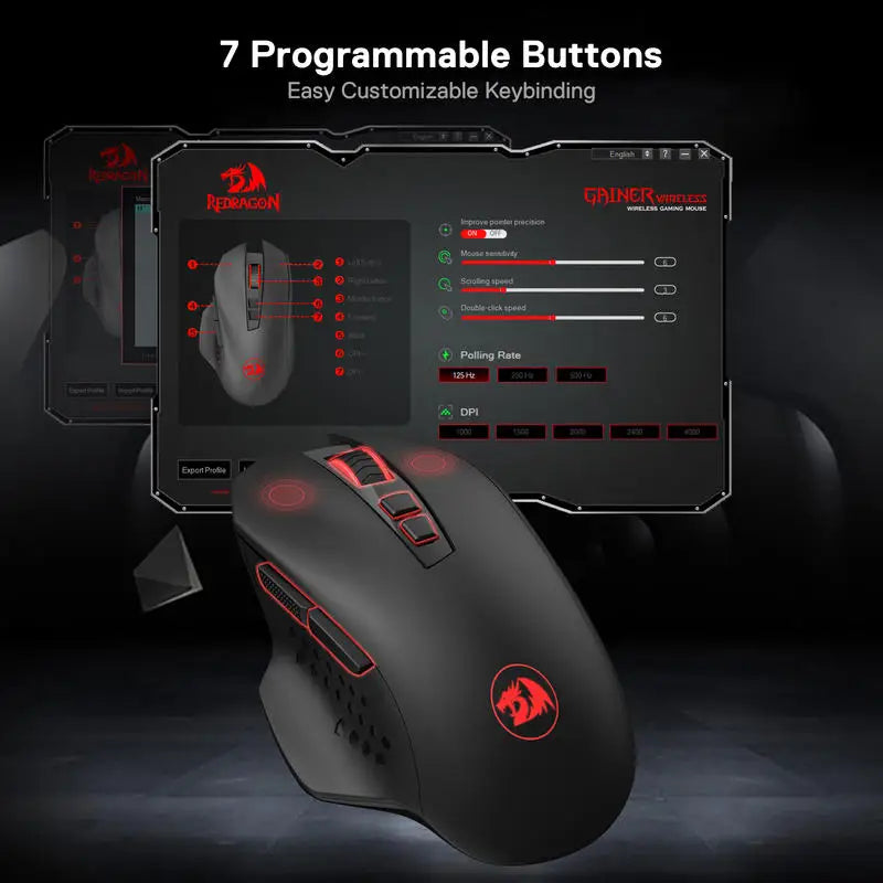 Ratón gaming inalámbrico Redragon M656 Gainer, 4000 DPI, ratón gamer inalámbrico 2.4Ghz con 5 niveles de DPI, 7 botones macro, retroiluminación LED roja