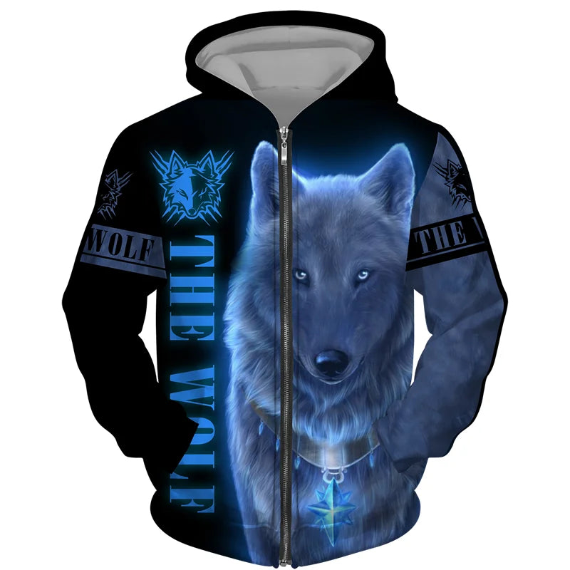 Sweat à capuz com fecho e estampado 3D de lobo, estilo streetwear, para homem/mulher, casaco com capuz unissexo casual hip-hop