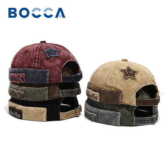 Bocca Retro Washed Color Docker Cap Without Visor Star Splicing Brimless Caps Letter Adjustable Beanie Hat Vintage Style Hip Hop