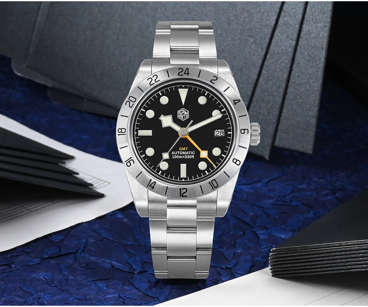 San Martin Neue 39mm NH34 BB GMT Automatikuhr, mechanische Sportuhr, Saphirglas, Leuchtanzeige, wasserdicht bis 100m, für Herren, Relogio SN0054
