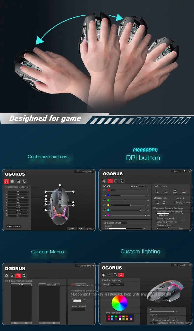 Rato Gaming com Fio 12000 DPI Ajustável, Programação de Macros, Retroiluminação RGB, Design Ergonómico, Tecla Fire, E-sport, Rato para PC