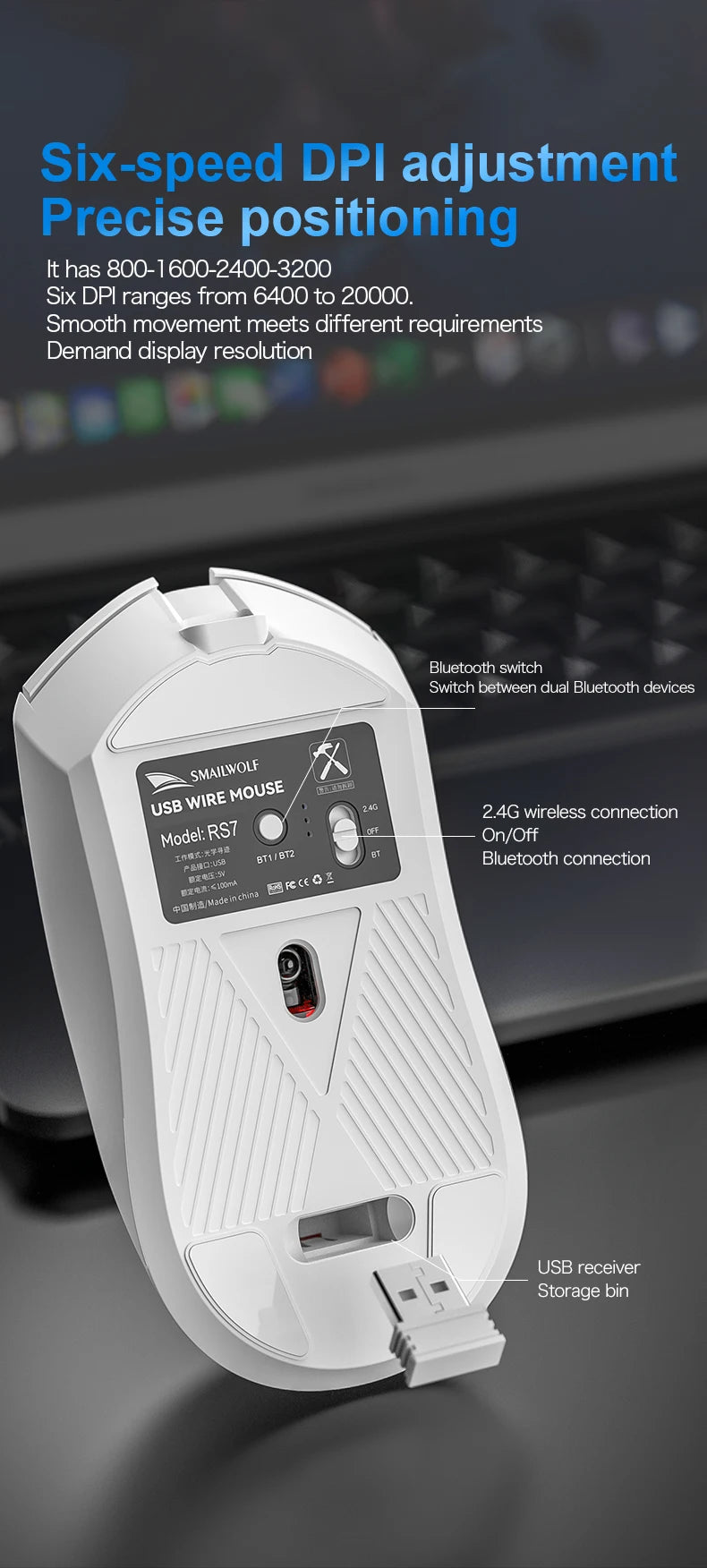 Rato gaming sem fios Bluetooth SMAILWOLF RS7, três modos, PAW3311, macros configuráveis, para portátil, gaming e escritório