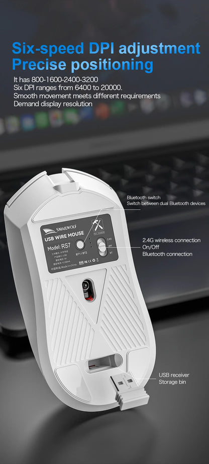 Rato gaming sem fios Bluetooth SMAILWOLF RS7, três modos, PAW3311, macros configuráveis, para portátil, gaming e escritório