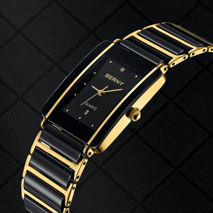 BERNY Ceramic Quartz Men Watch Fashion Luxury Rectangle Wristwatch XV12 Waterproof Calendar Diamon Black Gold Couple Gifts Watch