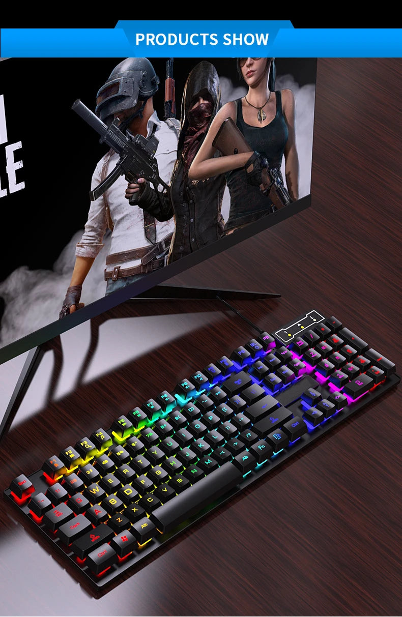 Teclado con cable de 104 teclas con retroiluminación RGB y efecto de respiración, set ergonómico de teclado y ratón gaming para ordenador, portátil, gamer y oficina