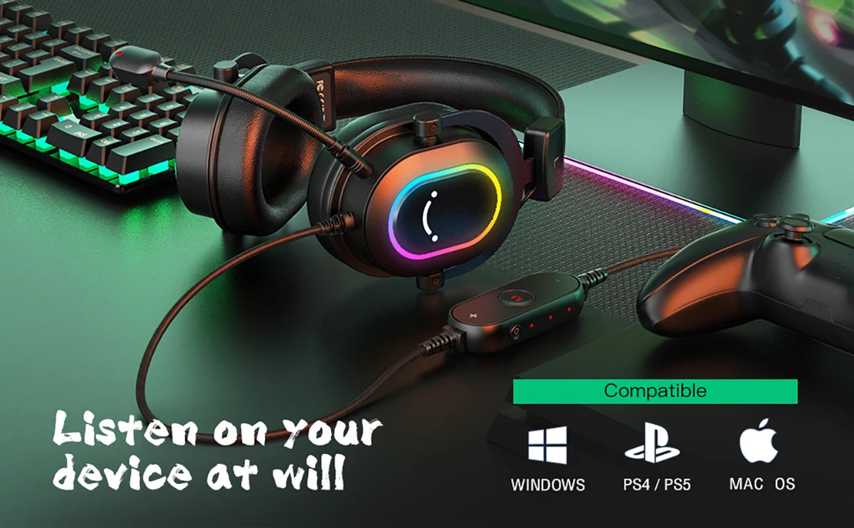 Auscultadores Gaming FIFINE RGB com Microfone – Auscultadores com Fios Over-Ear e Som Surround 7.1 para PC, PS4 e PS5 com 3 Modos EQ