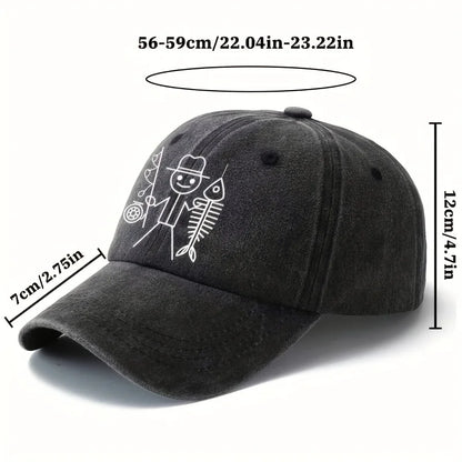 Printed cartoon man fishing baseball cap, outdoor curved brim cap, truck driver cap, vacation travel camping