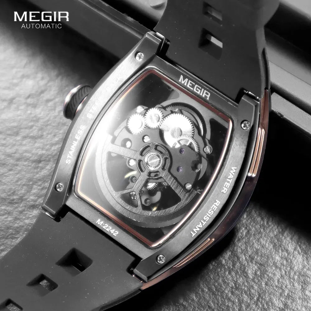 Relógio de pulso automático MEGIR para homem, com bracelete em silicone preto, impermeável, luminoso, desportivo e mecânico, com mostrador tonneau 2242