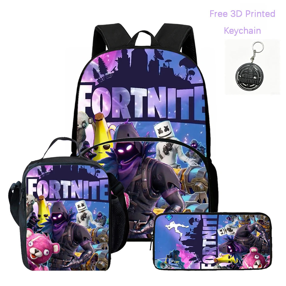 Zaino FORTNITE leggero 3 pezzi con tasca frontale, borsa pranzo, astuccio e portachiavi 3D stampato gratuito per bambini e bambine dai 5 ai 10 anni