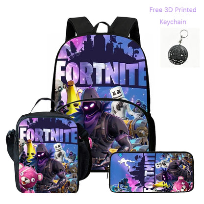 Zaino FORTNITE leggero 3 pezzi con tasca frontale, borsa pranzo, astuccio e portachiavi 3D stampato gratuito per bambini e bambine dai 5 ai 10 anni