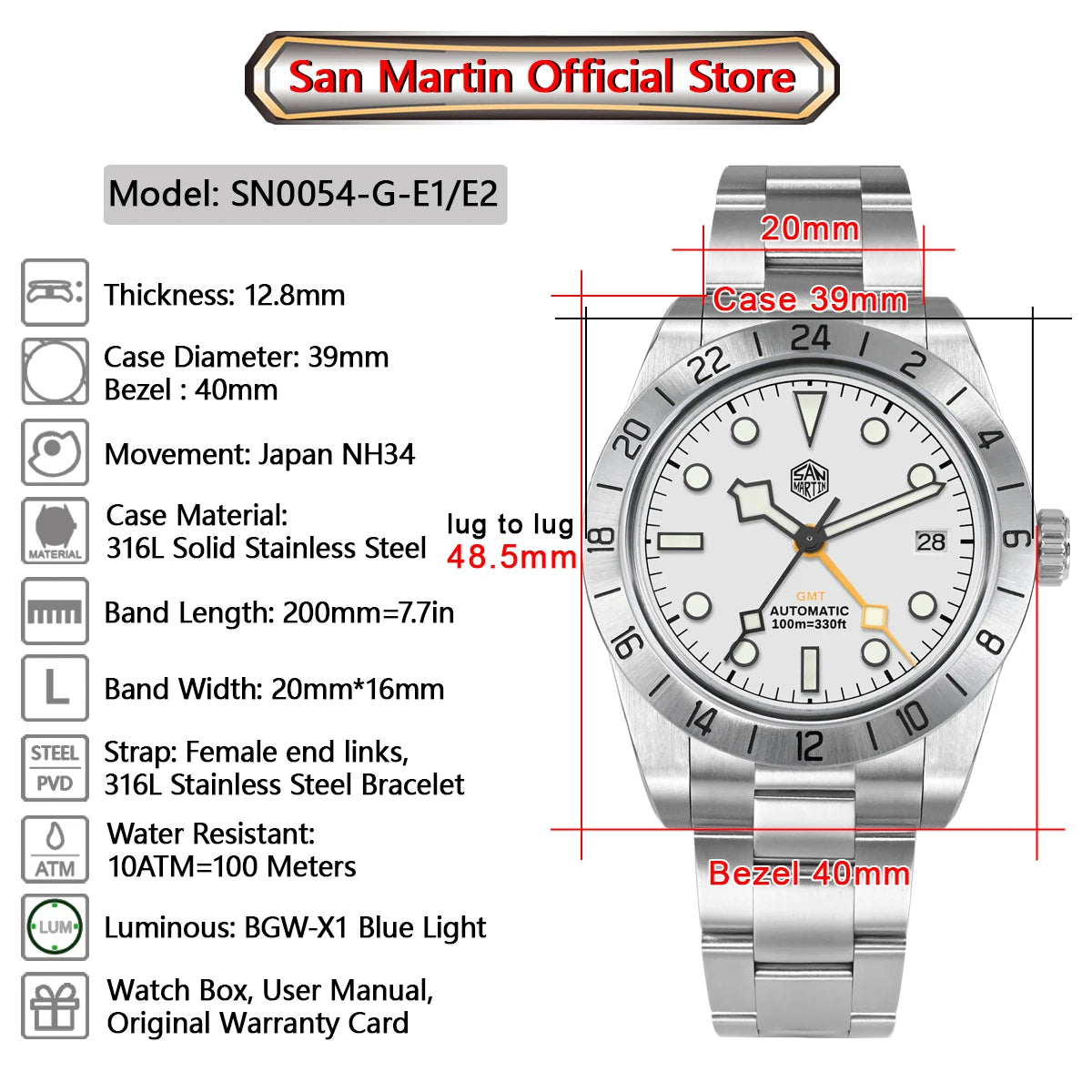 San Martin Neue 39mm NH34 BB GMT Automatikuhr, mechanische Sportuhr, Saphirglas, Leuchtanzeige, wasserdicht bis 100m, für Herren, Relogio SN0054
