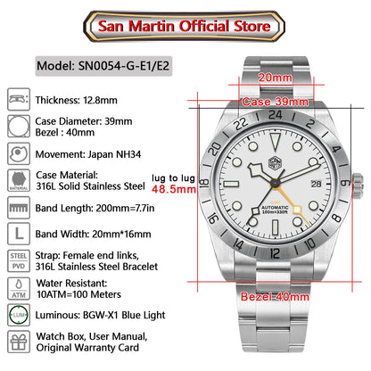 San Martin Neue 39mm NH34 BB GMT Automatikuhr, mechanische Sportuhr, Saphirglas, Leuchtanzeige, wasserdicht bis 100m, für Herren, Relogio SN0054