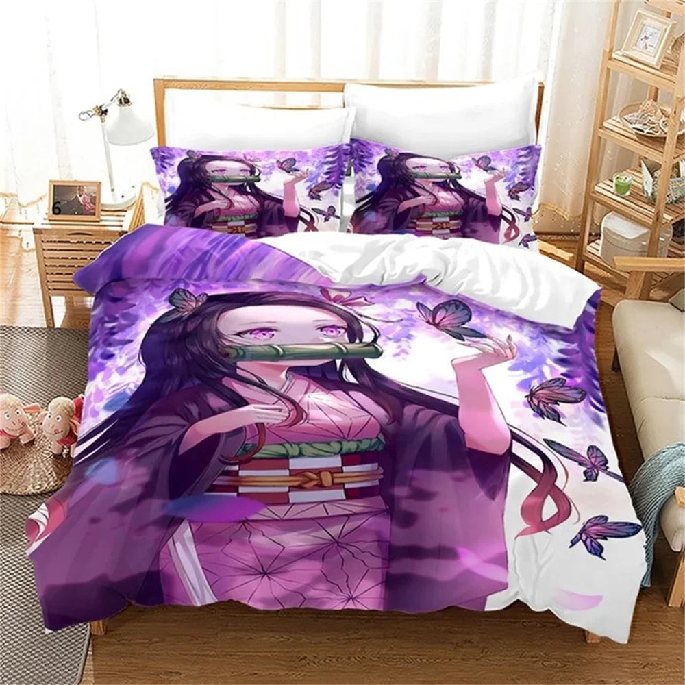 Nezuko Kamado patalynės komplektas, anime „Demon Slayer“ antklodės užvalkalas, patalynė, Single Twin Full Queen dydžiai, 3D dovana vaikams, mergaitėms ir berniukams