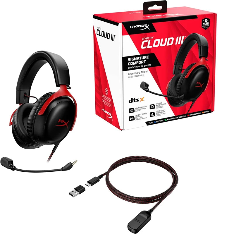 Cuffie da gaming cablate HyperX Cloud III con audio spaziale DTS X, driver da 53mm, microfono con cancellazione del rumore – Cuffie da gaming USB e 3.5mm per PC, PS5, Xbox, Switch