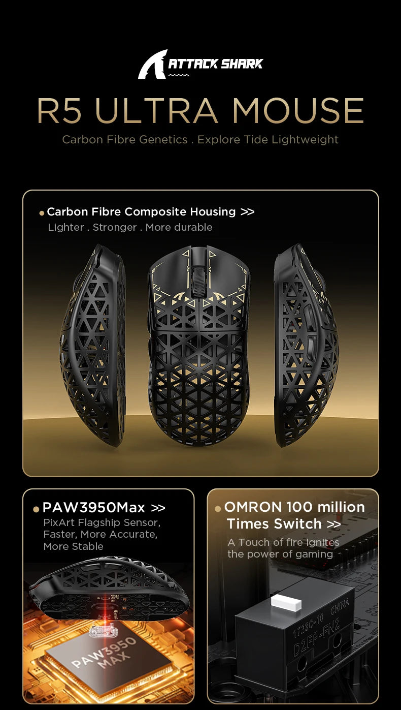 ATTACK SHARK R5 ULTRA Kabellose Gaming-Maus – 8K Polling, PAW3950MAX-Sensor, 42,000 DPI, ultraleicht aus Carbonfaser für Pro-Esport