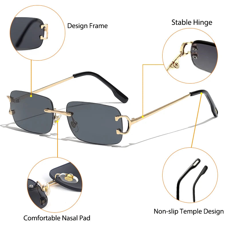 CATERSIDE Blue Rectangular Sunglasses Men Rimless Metal Fashion Square Sun Glasses For Women Gradient Lens Outdoor Eyewear UV400