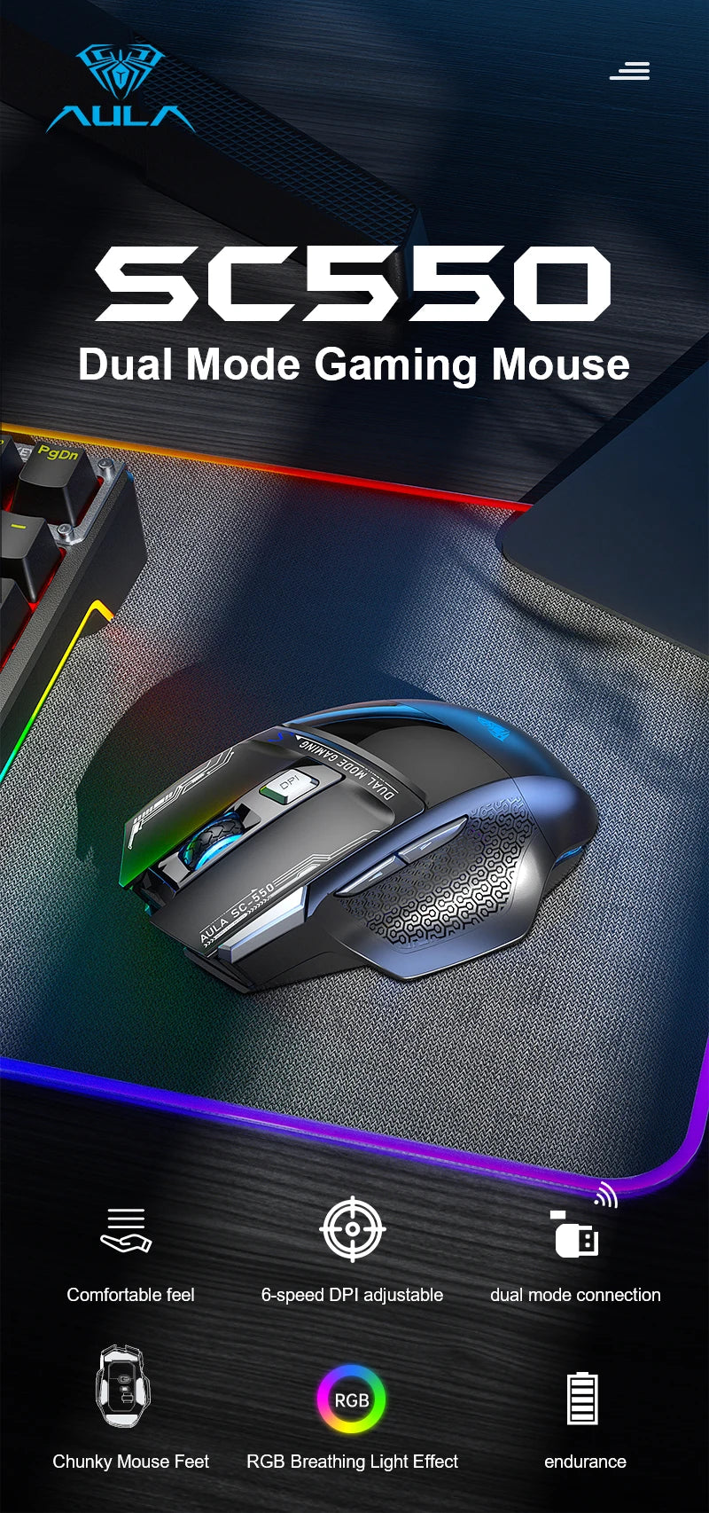 Ratón gaming AULA SC550 2.4G inalámbrico con macro, retroiluminación RGB, diseño ergonómico, ratón e-sports, accesorios para PC