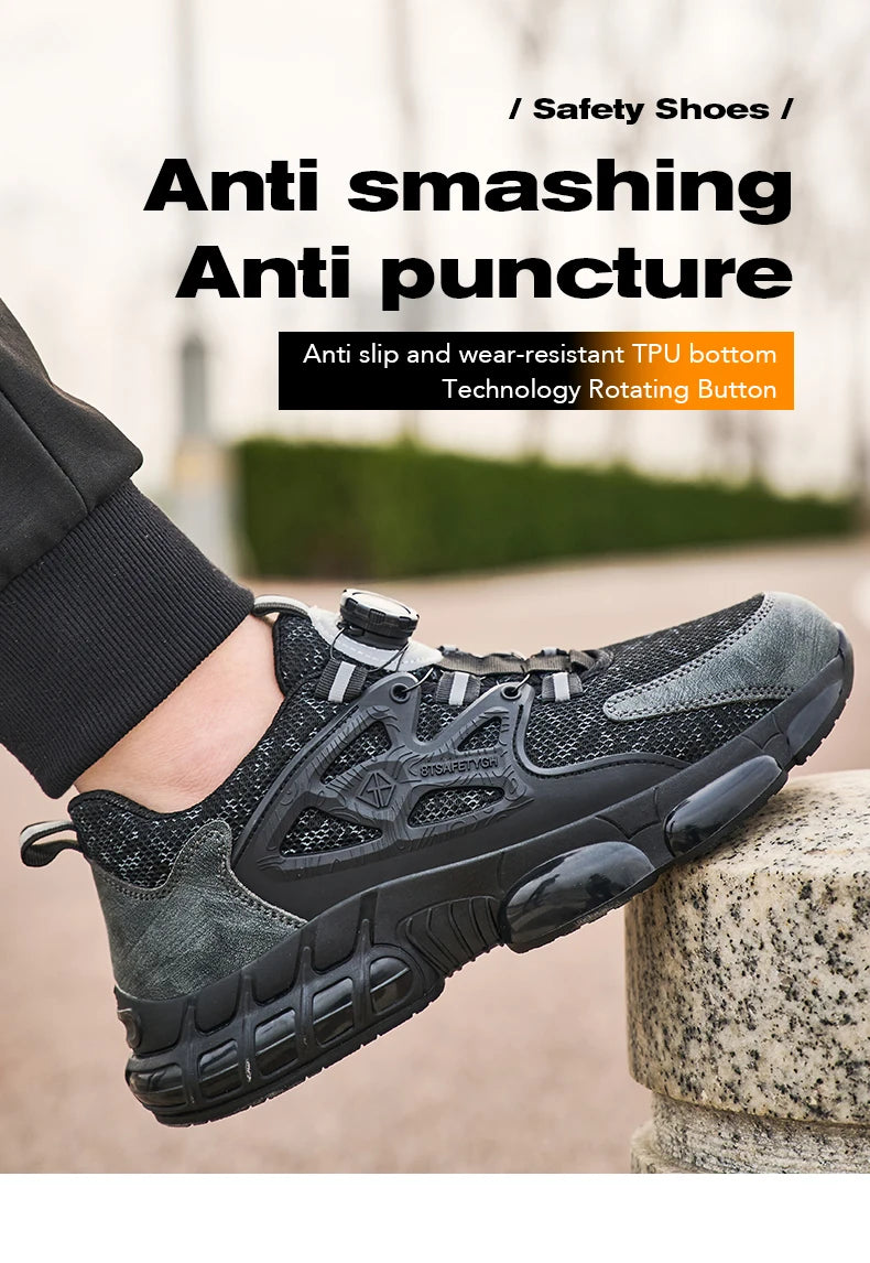 Zapatos de seguridad laboral para hombre talla 47 48 con diseño reflectante, puntera de acero, botón de rotación, zapatillas de trabajo y botas de seguridad protectoras