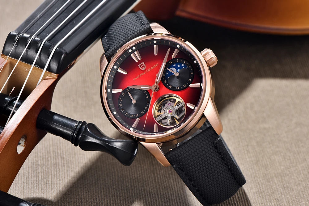 PAGANI DESIGN – Luxusné mechanické pánske hodinky, 41 mm, zafírové sklo, kožený remienok, vodotesné, v štýle pilotných hodín, s tourbillonom a fázou mesiaca