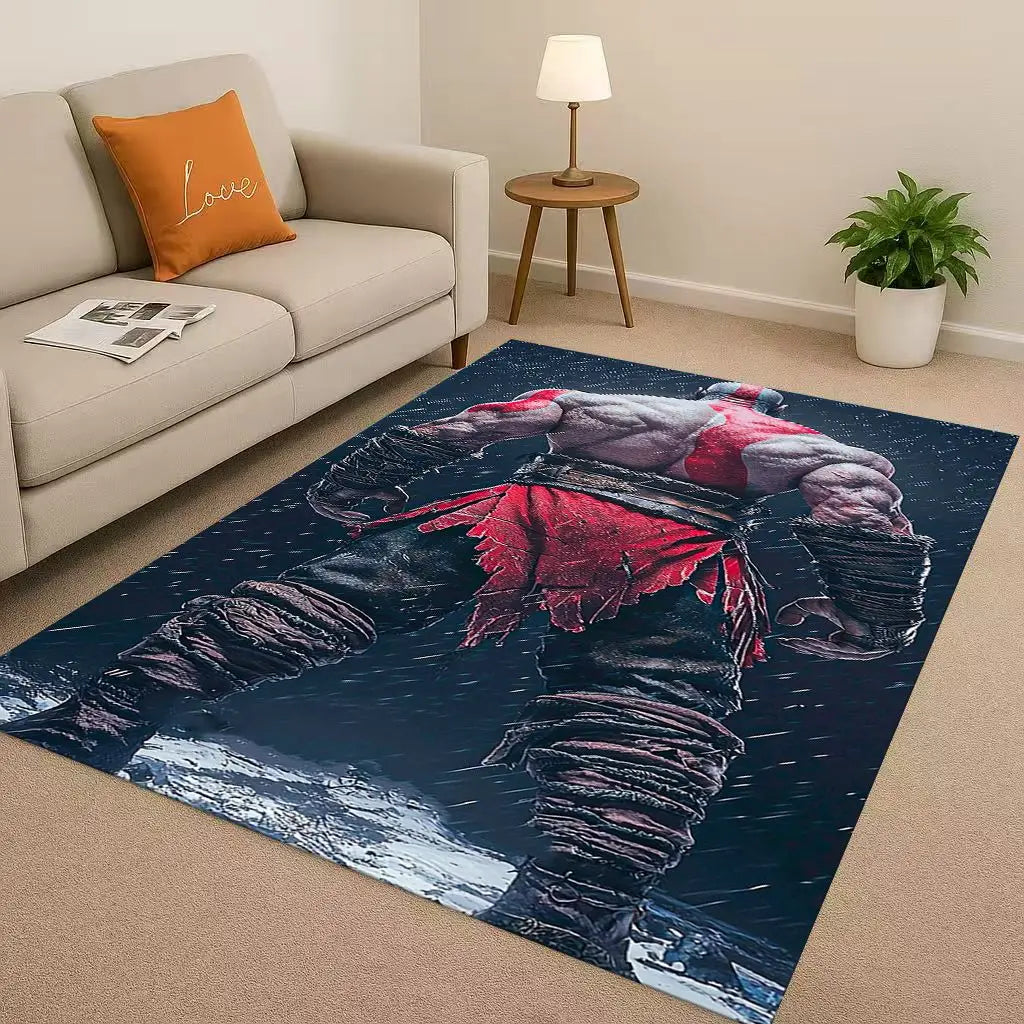 Game God of War Kratos Cartoon Gamer Living Room Non-Slip Area Rug Soft Carpet for Bedroom Playroom Sofa,Easy Clean Home Doormat