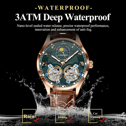 CAREKISO Fashion Men's Clock Double Hollow Tourbillon Automatic Mechanical Man Watch Waterproof Luminous Leather Men's Watches+Box