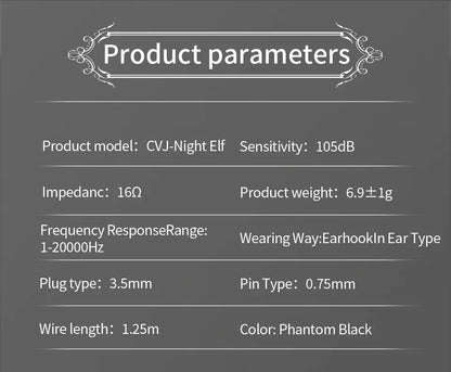 CVJ Night Elf In-Ear Wired Earphones – Dual-Channel 3.5mm HiFi Metal Earbuds with Silver-Plated Cable, High Sensitivity Bass Sound Earhook Headphones