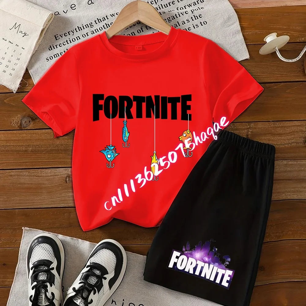 Completo estivo Fortnite con T-shirt e shorts per bambini e bambine, set 2 pezzi, abbigliamento bambino con top, T-shirt e pantaloncini, stampa Fortress Night, idea regalo