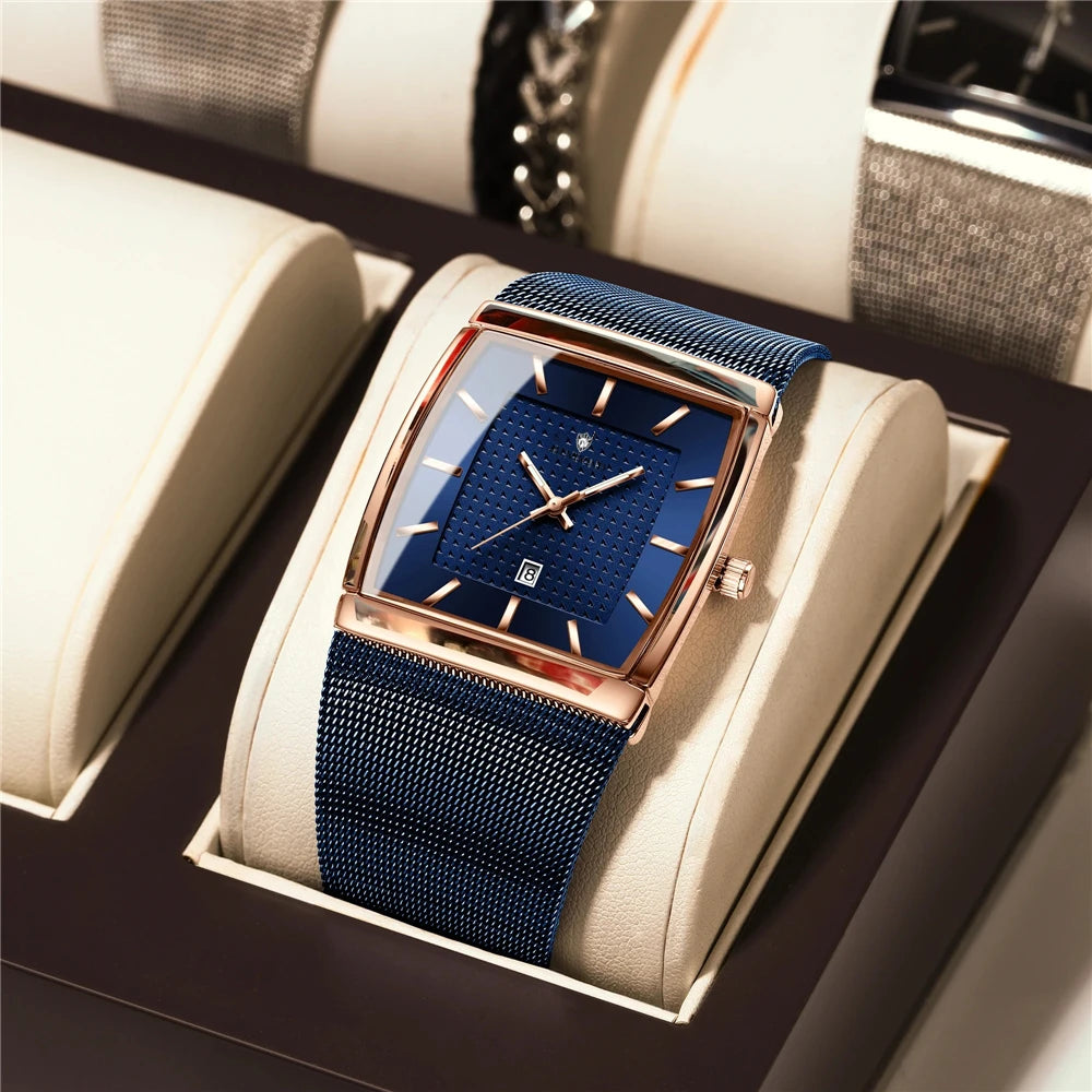Relojes de pulsera de cuarzo, nuevos relojes cuadrados para hombre, color oro rosa, de alta calidad; reloj de marca de lujo, modelo para hombre, esfera azul.