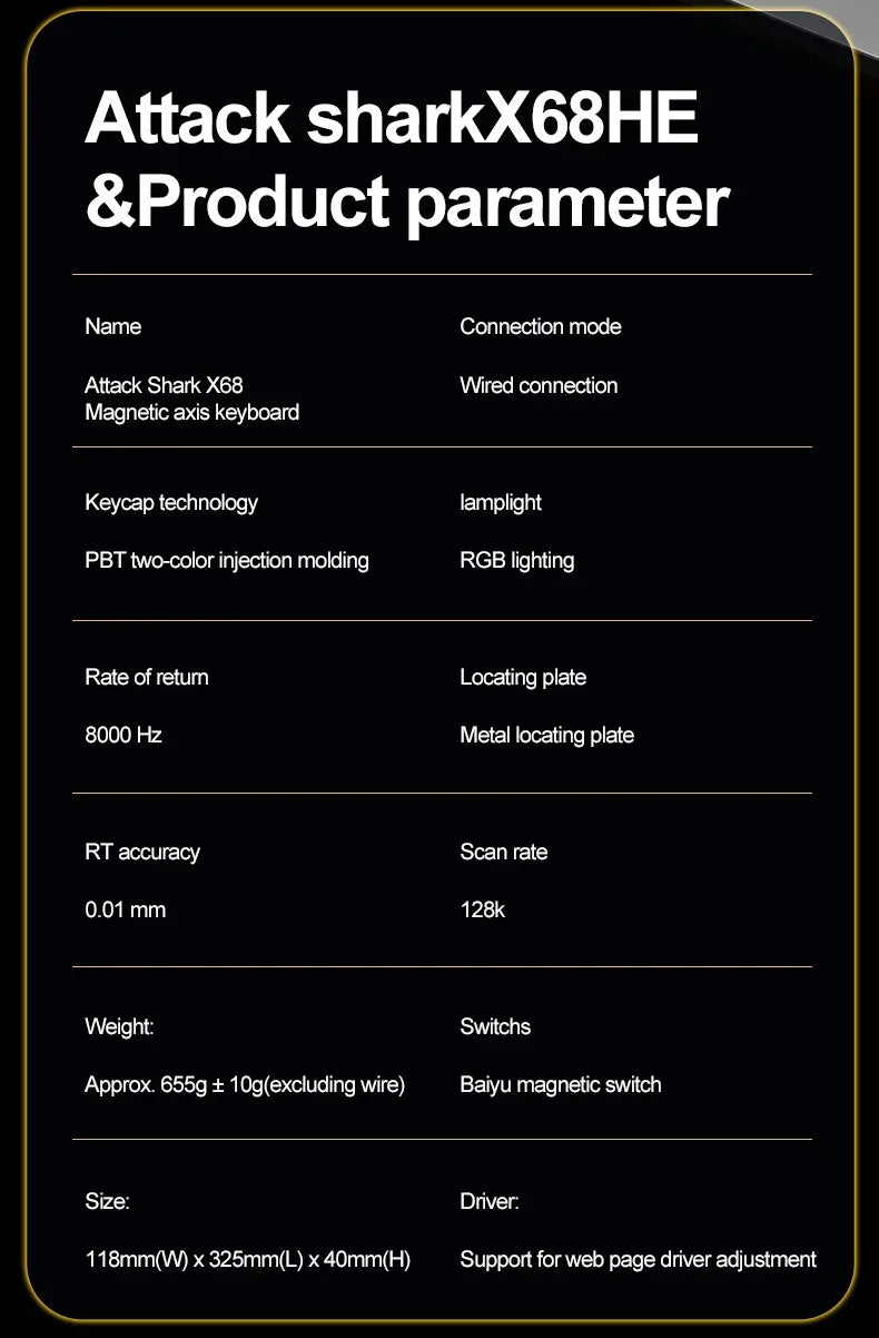 X68HE ATTACK SHARK Magnetic Gaming Keyboard Mechanical Wired for Pro Gaming 0.01mm Rapid Trigger 8000Hz SOCD/Rs 0.125ms 128K Rate