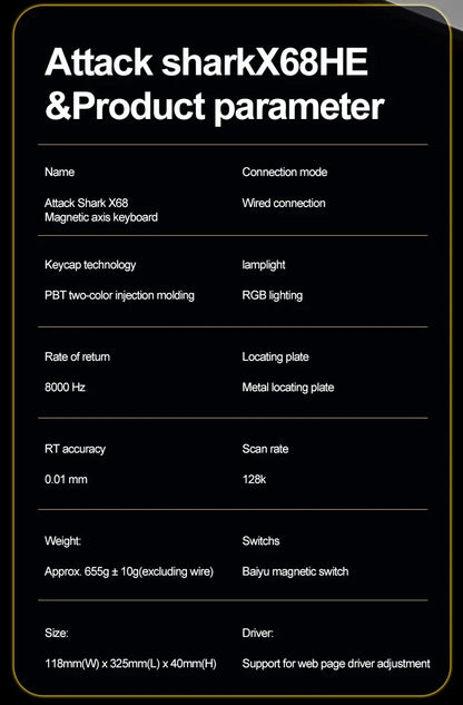 X68HE ATTACK SHARK Magnetic Gaming Keyboard Mechanical Wired for Pro Gaming 0.01mm Rapid Trigger 8000Hz SOCD/Rs 0.125ms 128K Rate