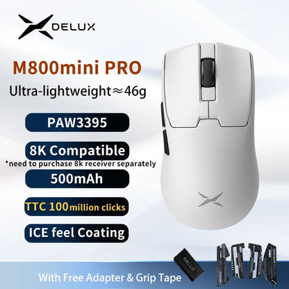 Delux M800mini vezeték nélküli gaming egér, 46g könnyű kivitel, PAW3395/PAW3311, 1KHz lekérdezési frekvencia kis és közepes kezű PC-játékosoknak